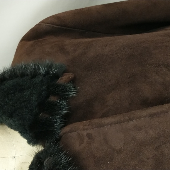 Authentic Shearling USA made Coat Long Jacket Dark Brown Suede Leather Fur Trim - Picture 2 of 16
